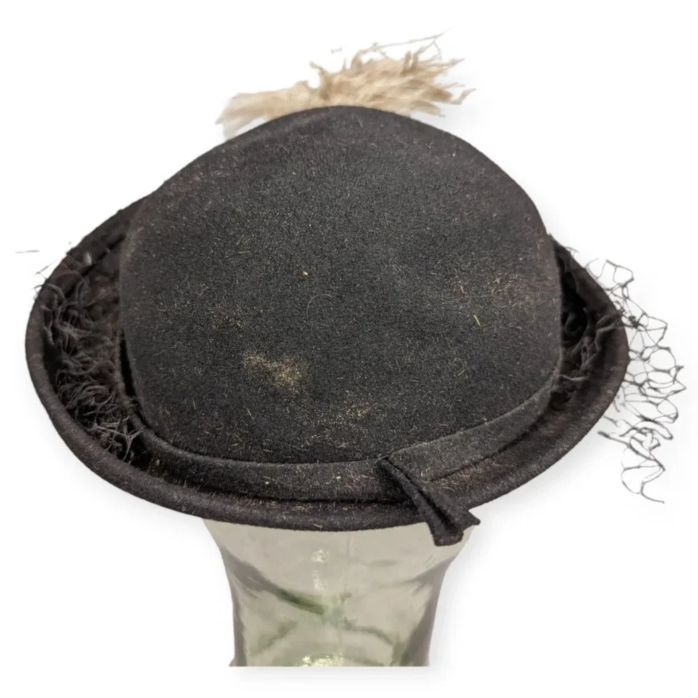 Vintage Merrimac 100% Black Wool Hat with Feathers and Jeweled Accent - Picture 5 of 10